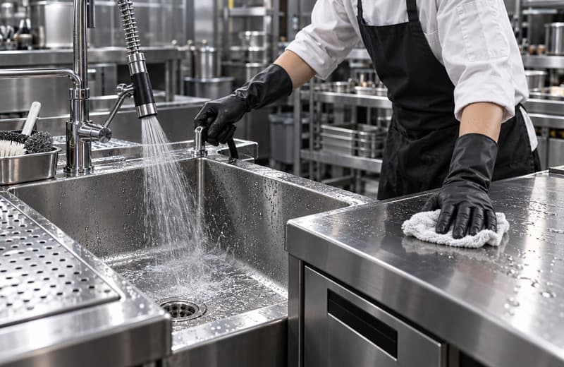 Concept image of cleaning and resetting a commercial restaurant kitchen