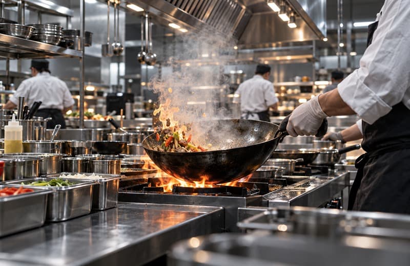 Concept image of wok cooking during restaurant peak service