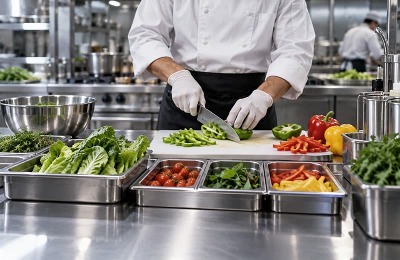 Concept image of ingredient preparation in a commercial restaurant kitchen