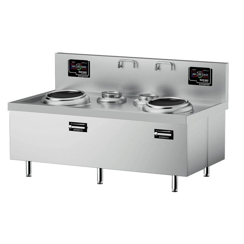 Commercial double wok range with two concave cooking positions