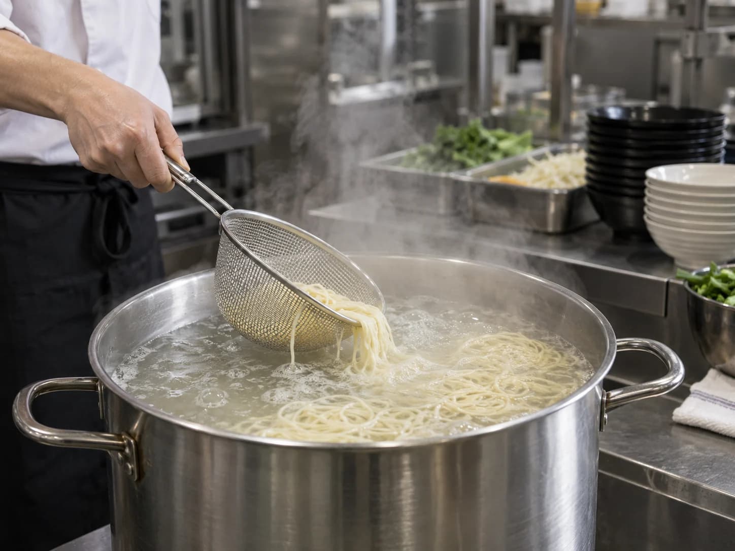 Illustrative commercial kitchen scene showing noodles boiling in a stockpot