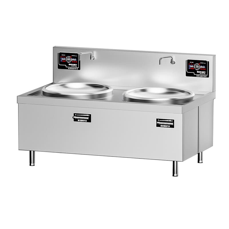 Commercial double induction wok range with two concave cooking positions