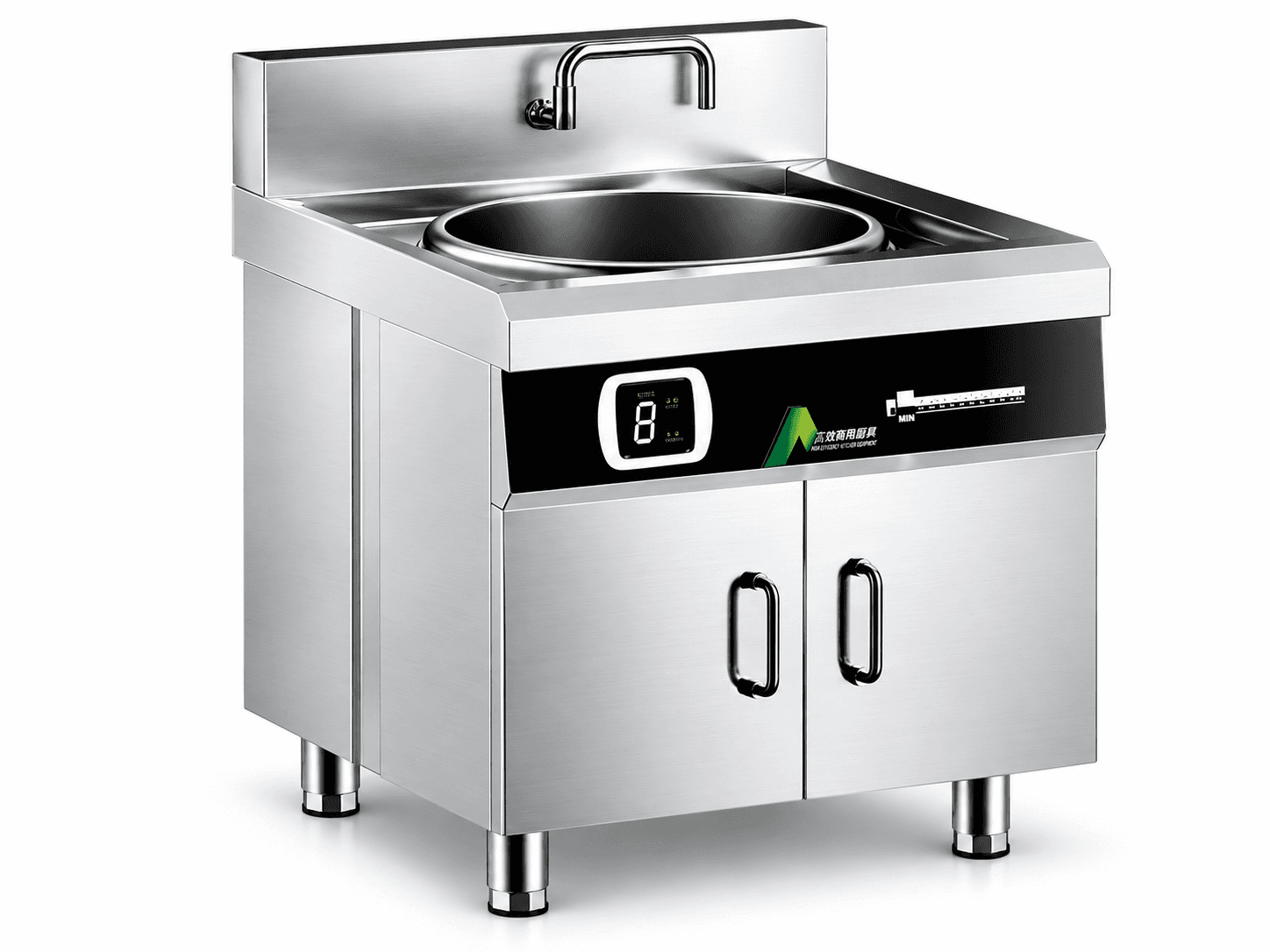 Floor-standing commercial noodle boiler with a square body and round cooking vessel