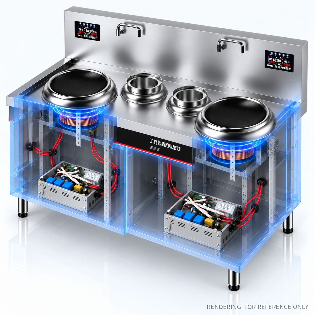 Reference cutaway rendering of the induction systems inside the B Series double-burner double-tail stir-fry range