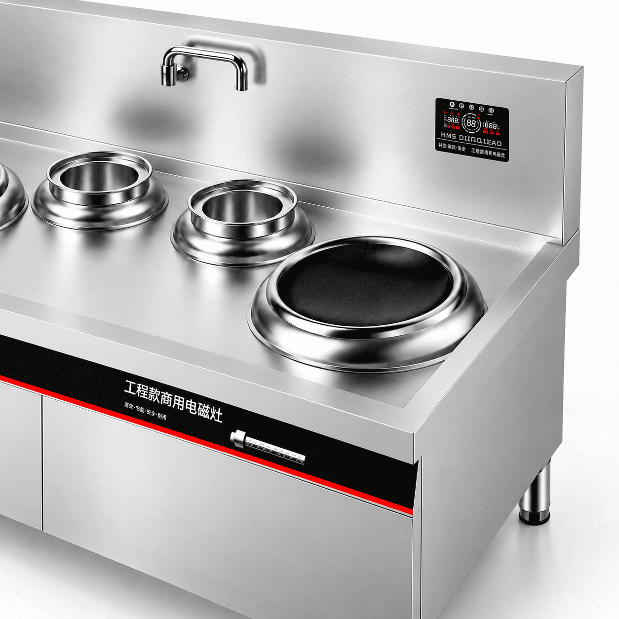 Wok stations, tail pots, faucet, and display detail on the B Series stir-fry range
