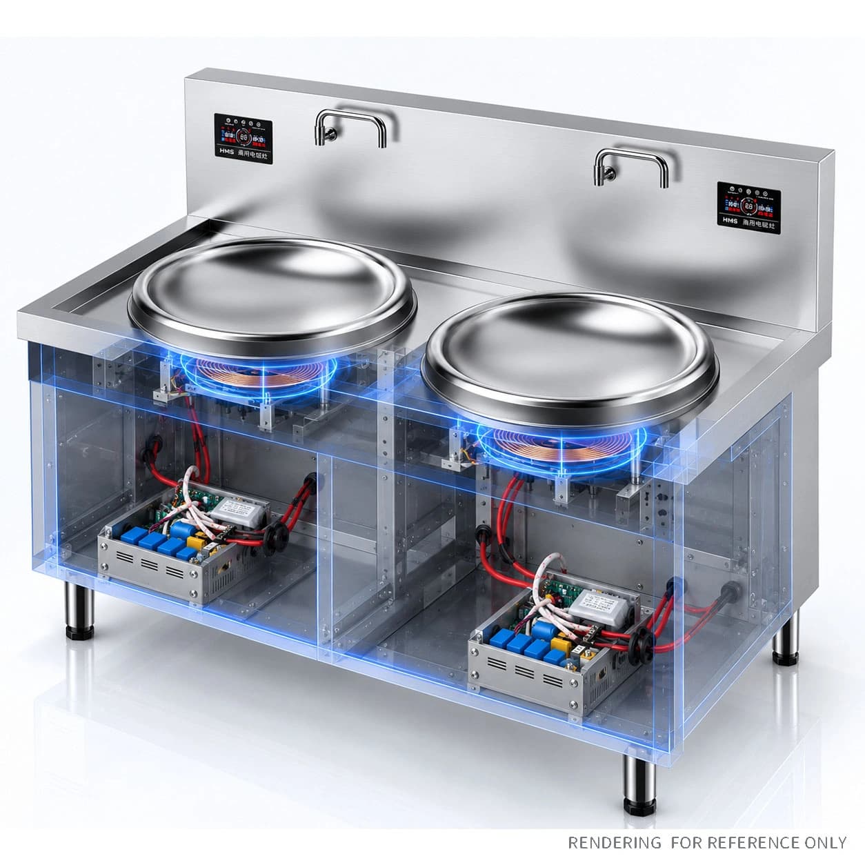 Cutaway rendering of the induction systems inside the B Series double-burner wok range