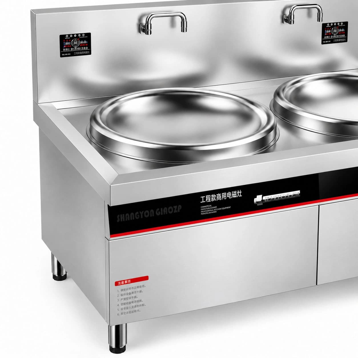 Twin wok and stainless-steel cabinet detail on the B Series double-burner induction wok range