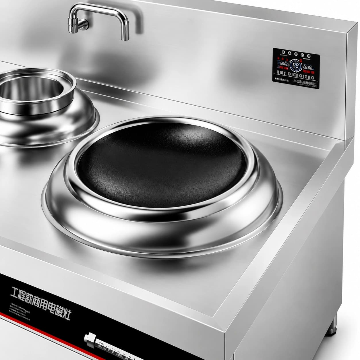Wok station, faucet, digital display, and magnetic control switch detail