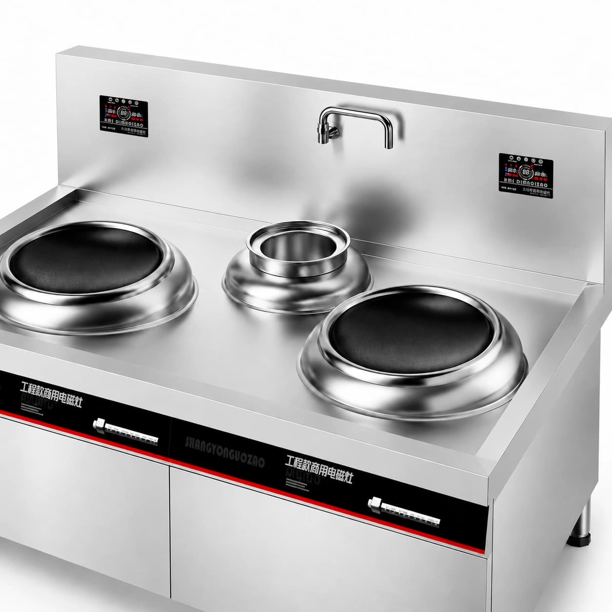 Twin wok stations, central tail pot, faucet, and stainless-steel worktop detail