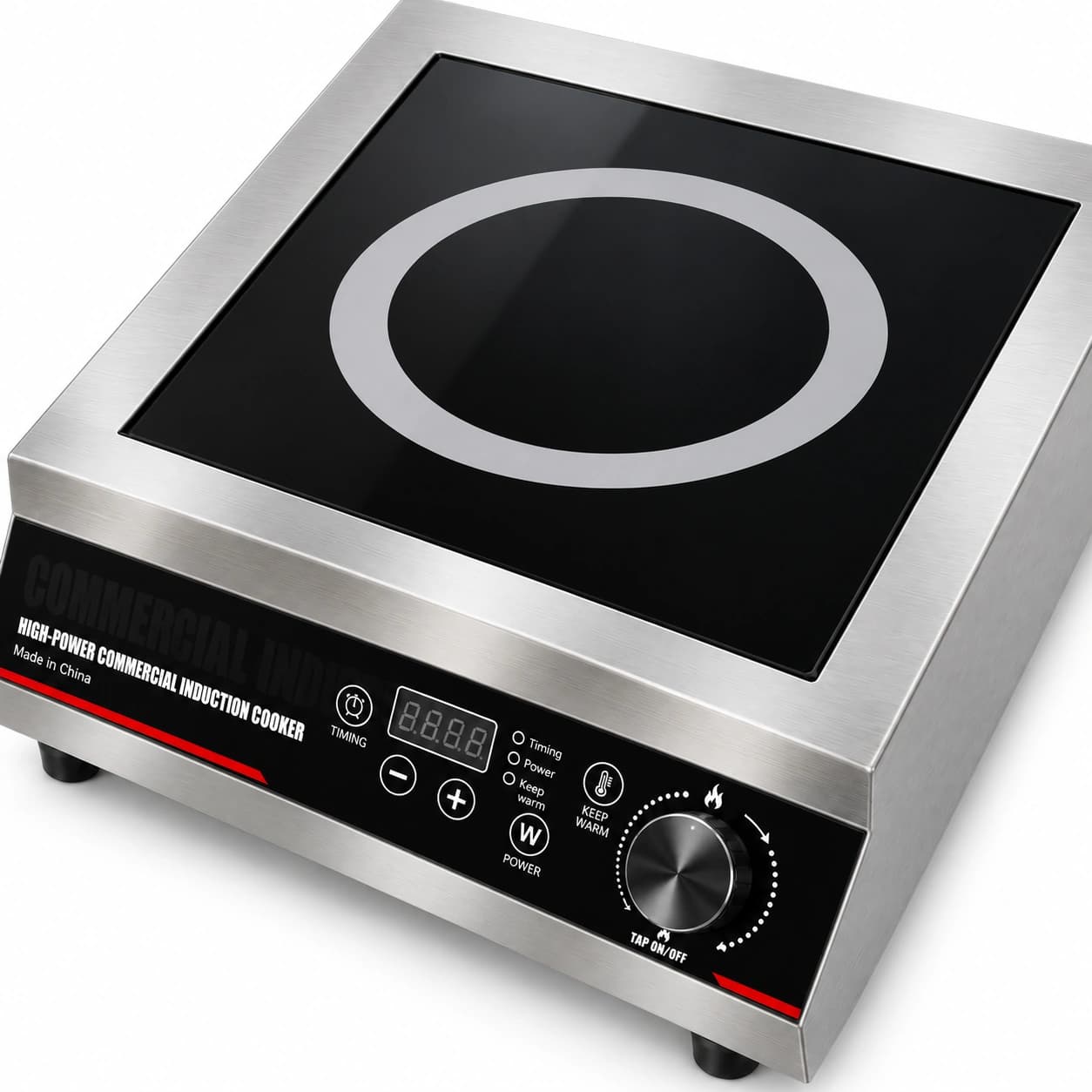 Angled view of the flat-top cooking surface and control panel