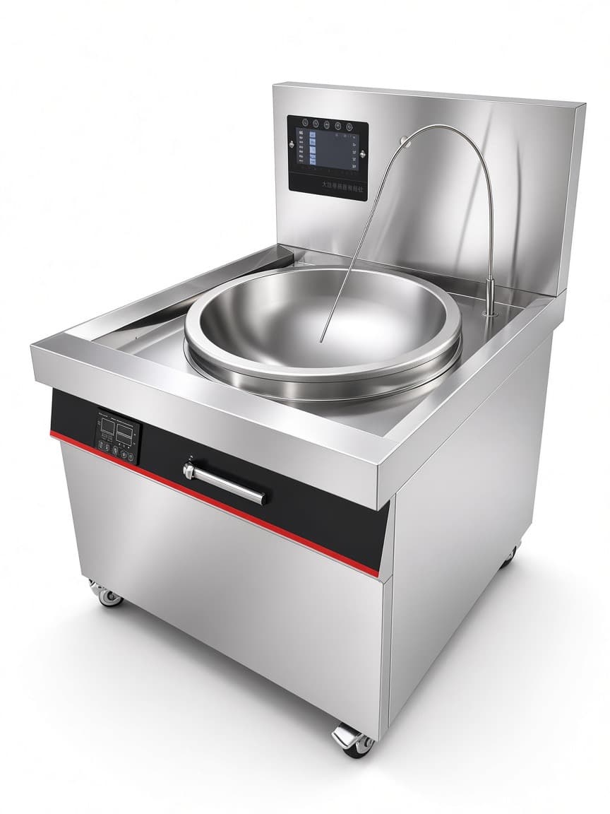 Induction frying wok range showing the empty wok and direct oil-temperature probe