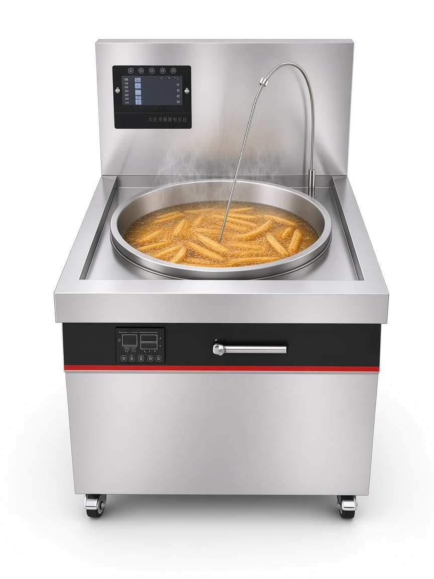 Front view of the induction frying wok range during frying