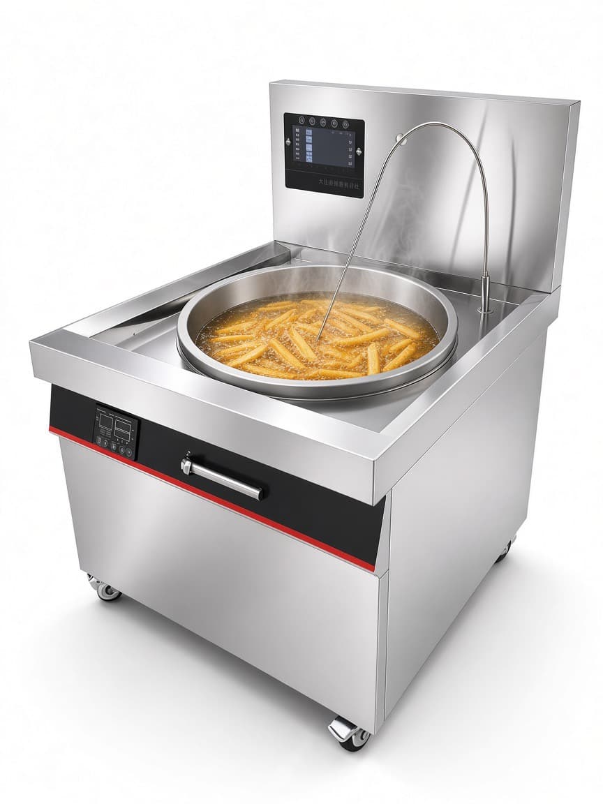 12 kW induction frying wok range operating with the oil-temperature probe inserted